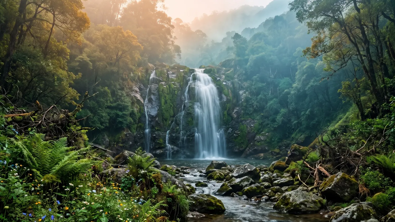 Waterfall cascading down rocks in the hills near Kodaikanal