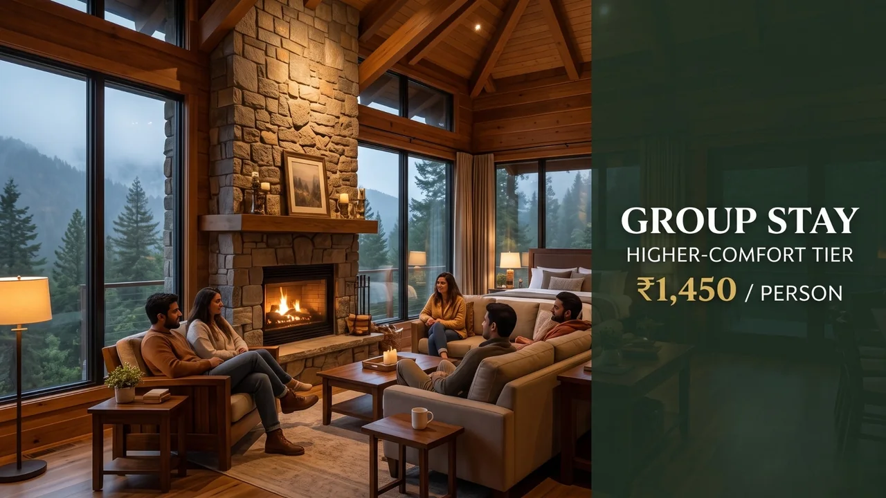 Group relaxing by the fireplace in a higher-comfort cottage, ₹1,450 per person