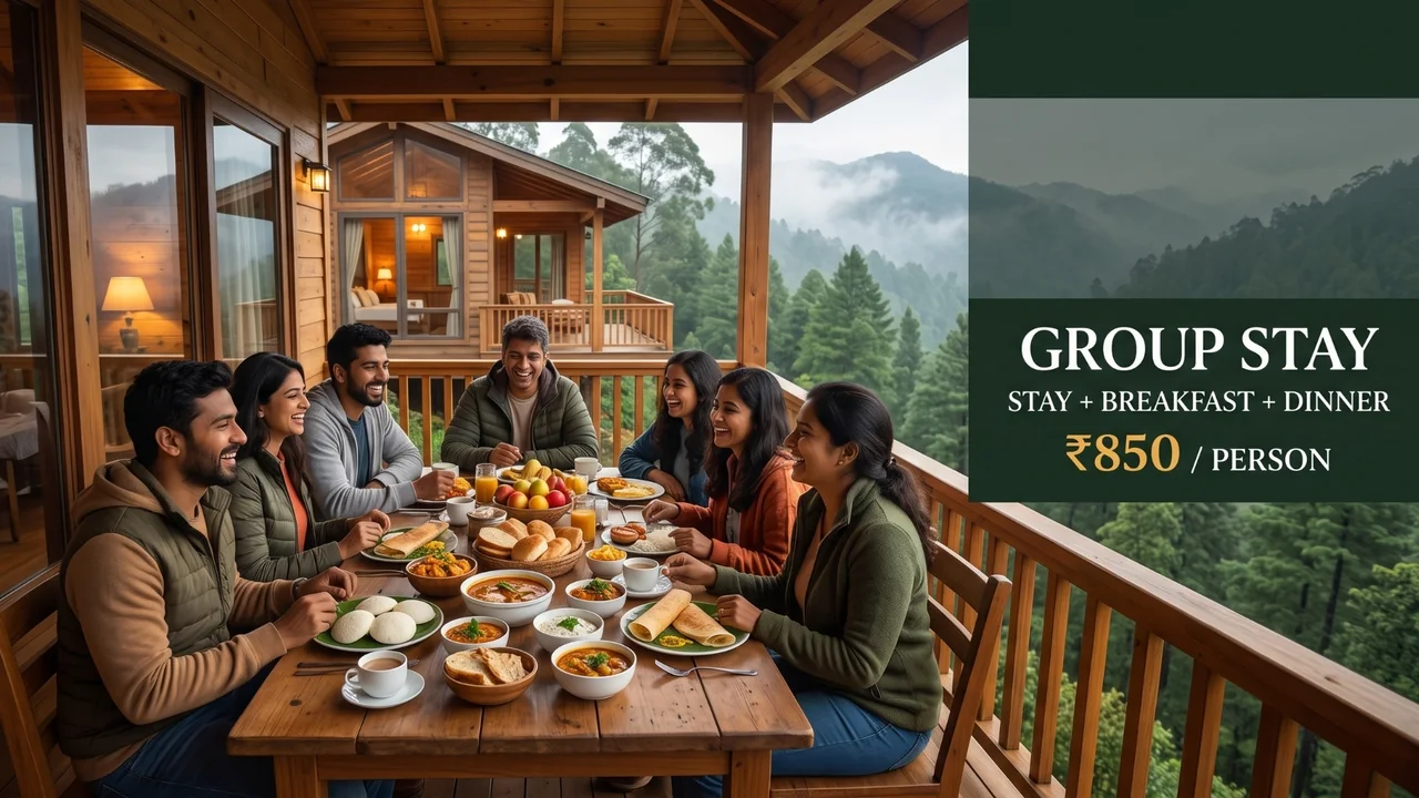 Friends sharing a dinner on a cottage balcony, stay, breakfast and dinner package at ₹850 per person
