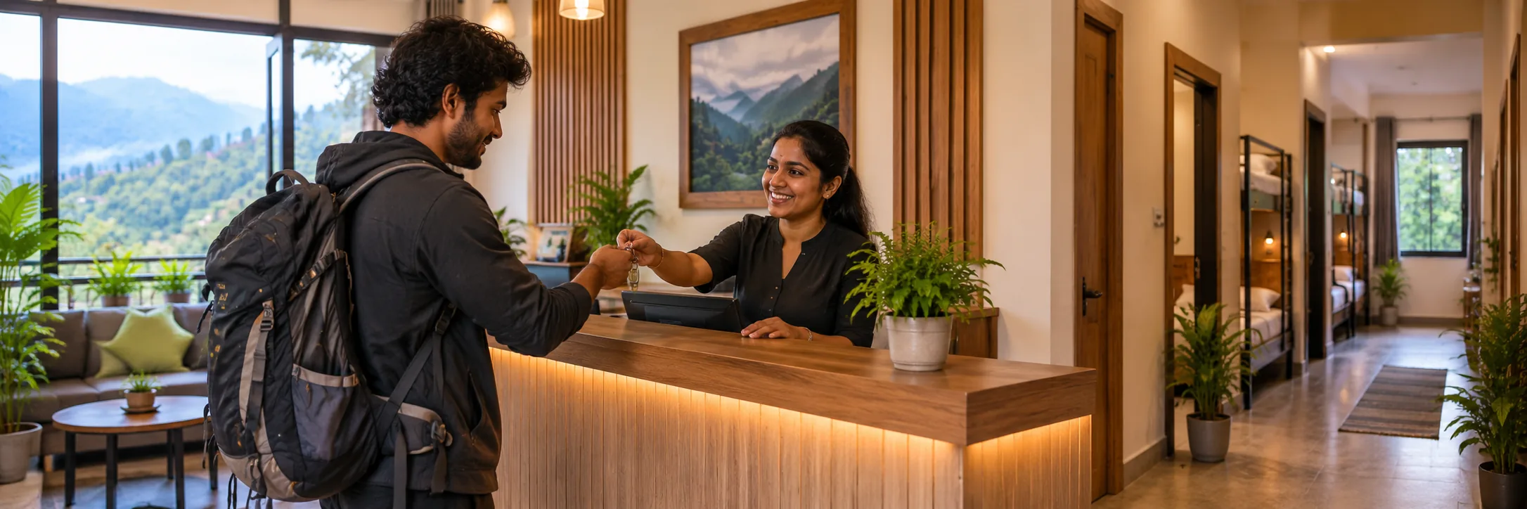 Front-desk staff handing a room key to a dormitory guest in Kodaikanal