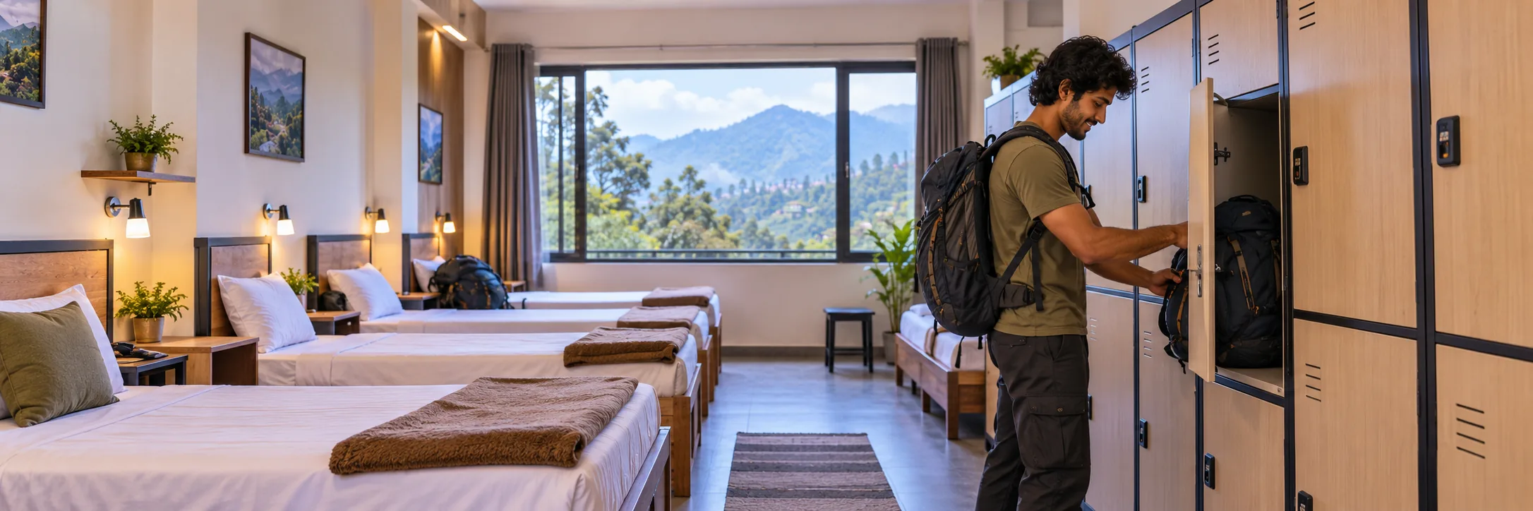 Guest storing his backpack in a dormitory locker in Kodaikanal
