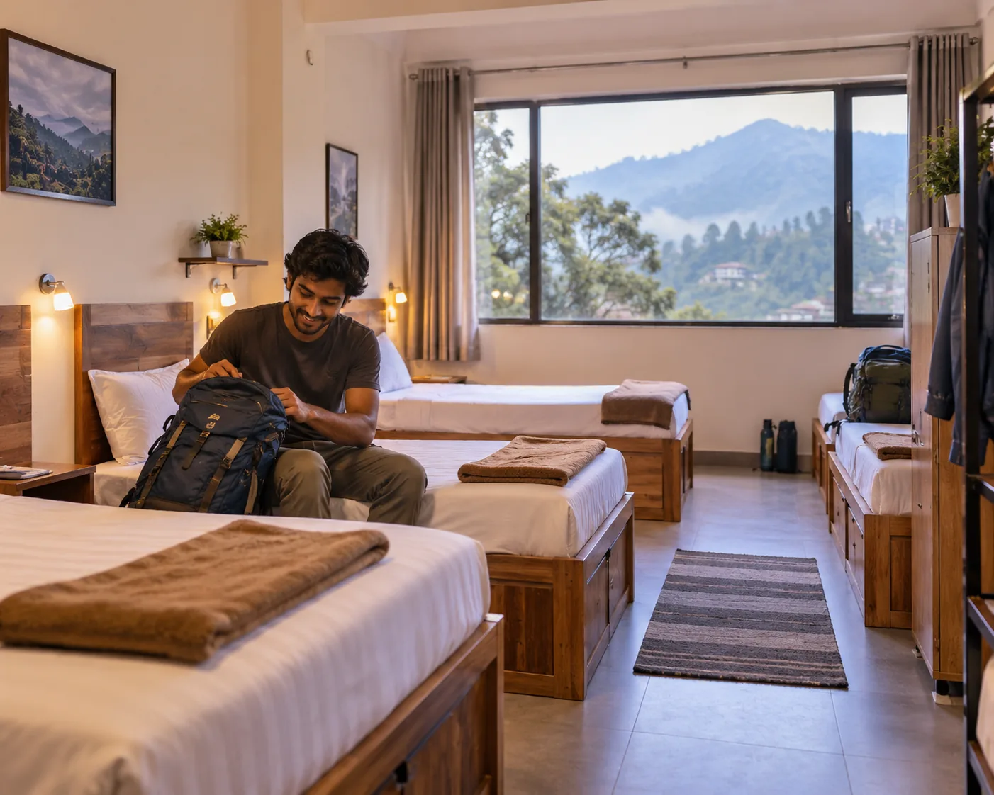 Backpacker packing his bag on a dormitory bed in Kodaikanal with a mountain view