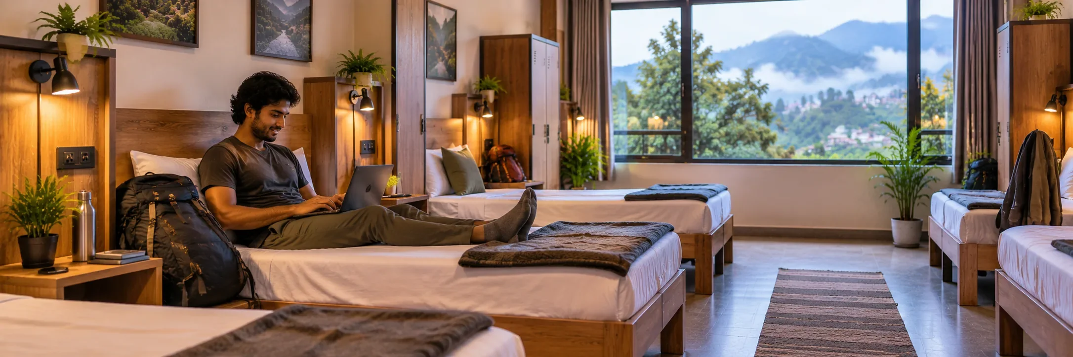 Solo traveler relaxing on his dormitory bed with a laptop in Kodaikanal