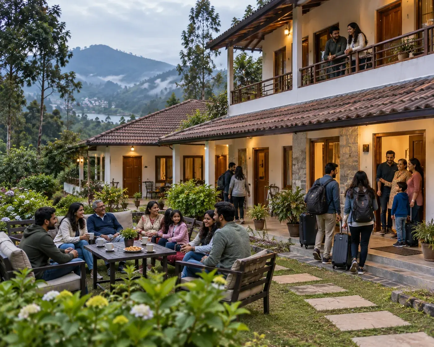 Extended family gathering outside a Kodaikanal group stay cottage