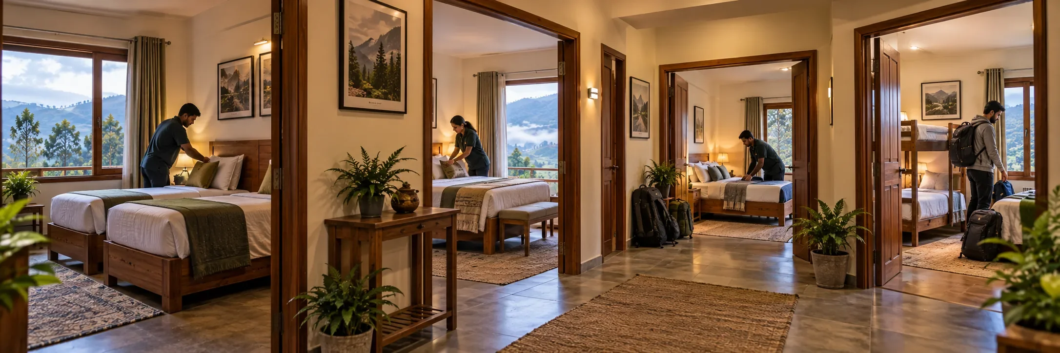Connected rooms with different bed configurations at a Kodaikanal group stay cottage