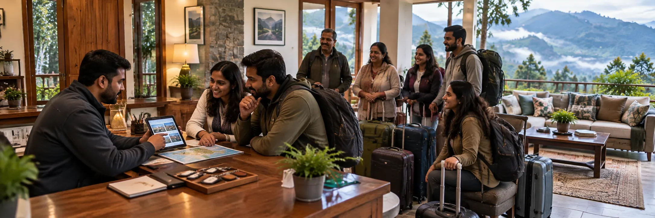 Host coordinating check-in for a large group at a Kodaikanal group stay property