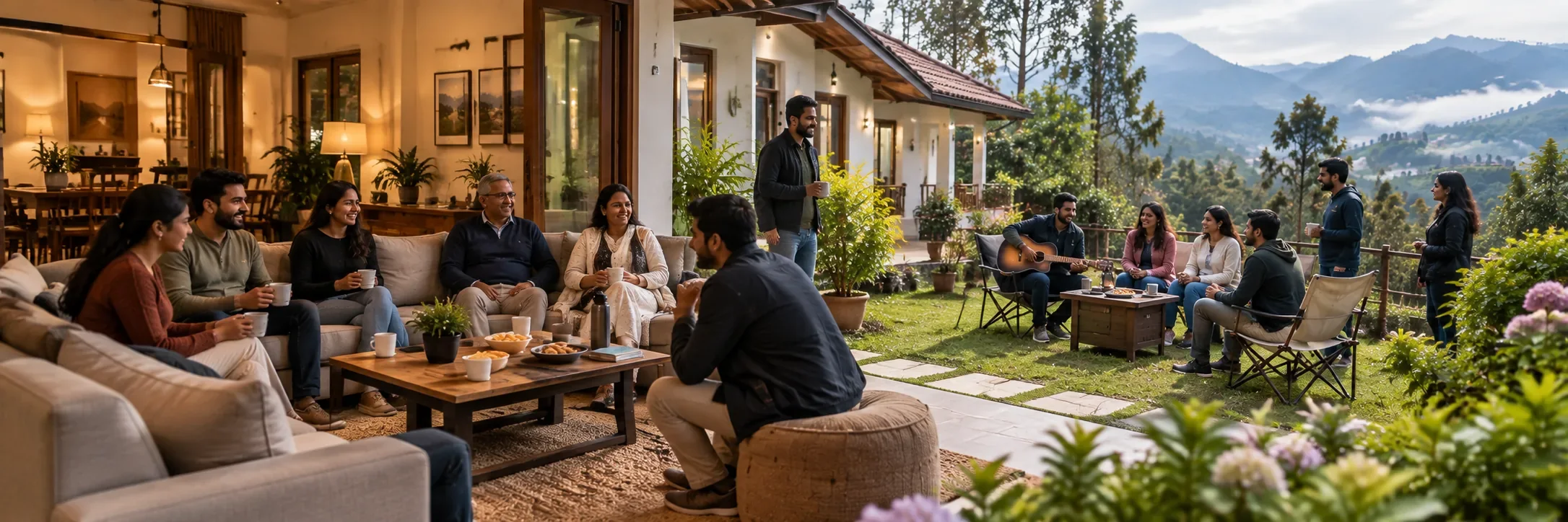 Group relaxing in a shared living area and lawn at a Kodaikanal cottage