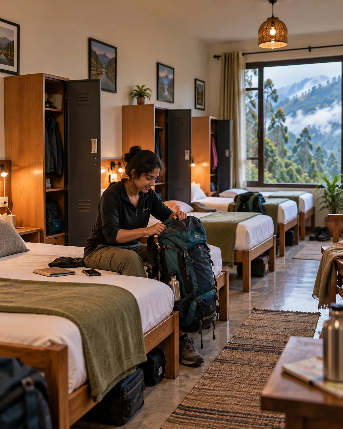 Solo traveler unpacking her backpack in a Kodaikanal dormitory room