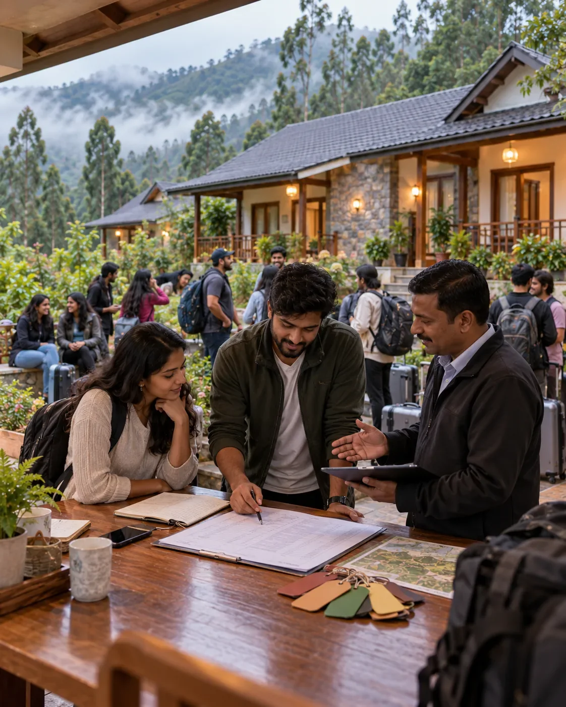 Host checking off a group headcount list at a Kodaikanal group stay property