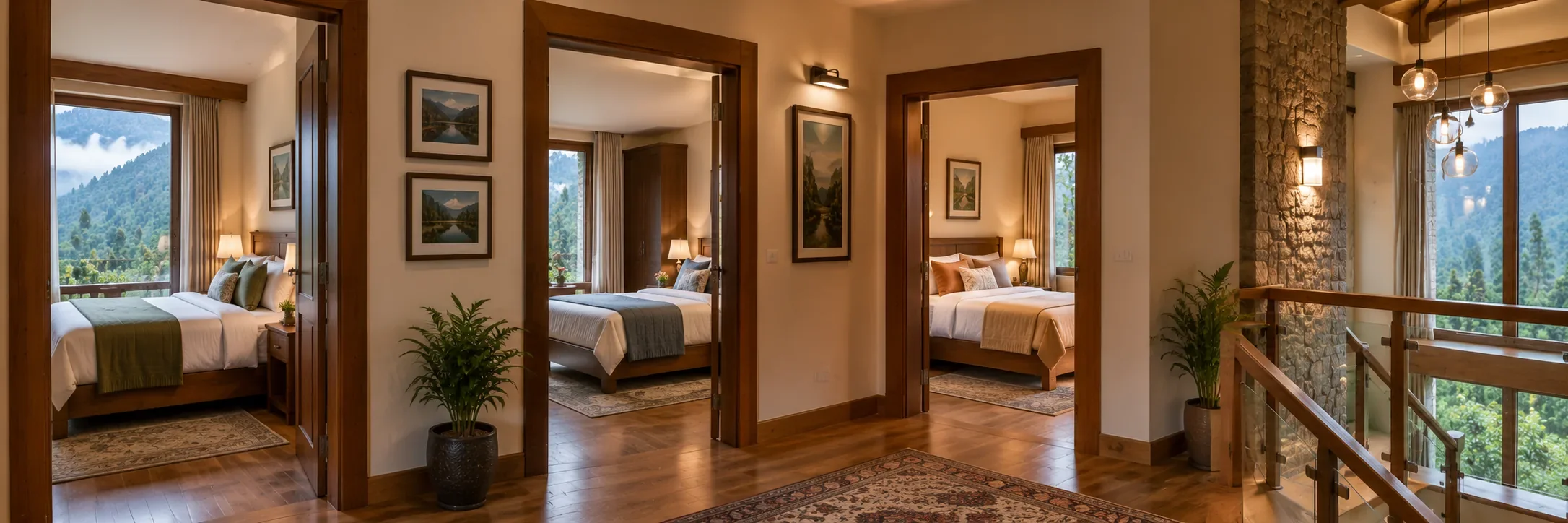Hallway view of multiple connected bedrooms at a Kodaikanal villa