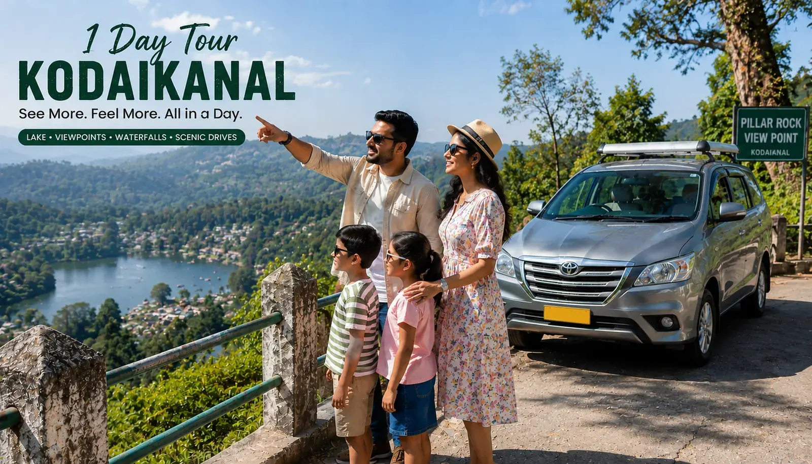 Family enjoying a quick scenic stop on a 1-day Kodaikanal tour