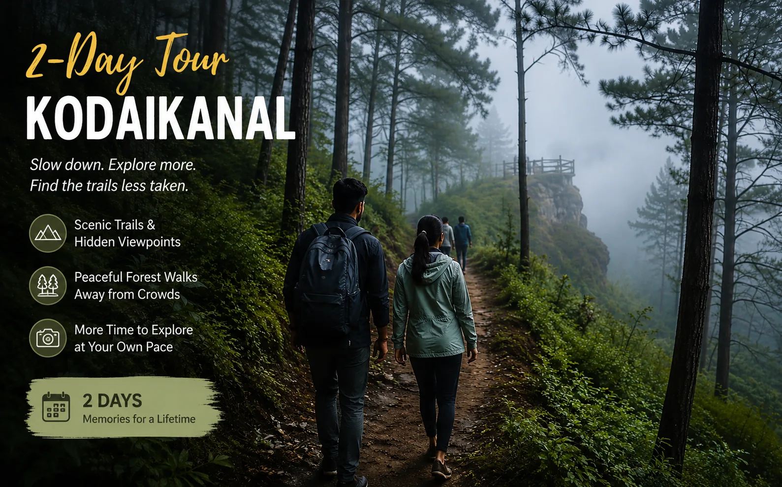 Quiet forest trail and lookout point on a 2-day Kodaikanal tour