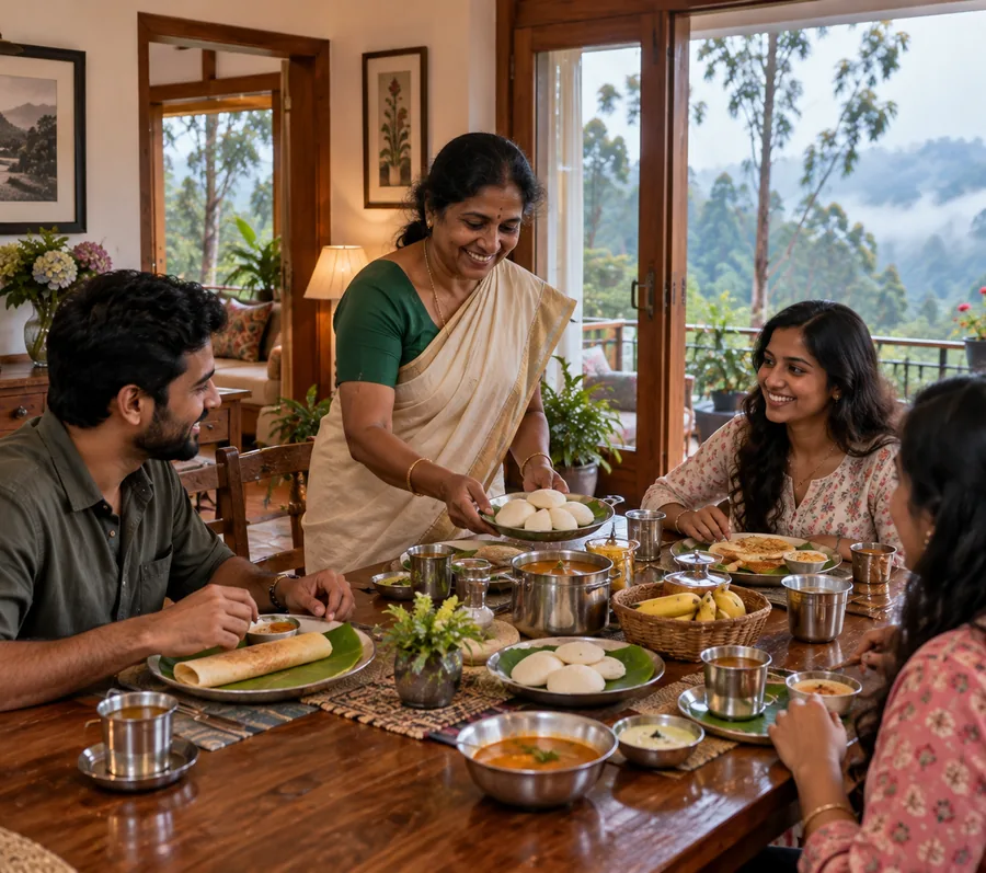 South Indian breakfast of idli, dosa and chutneys served on a banana leaf