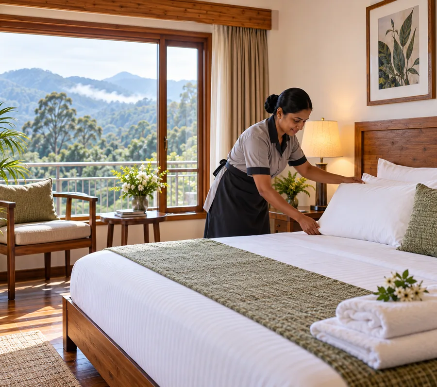 Housekeeping staff preparing a hotel room with a mountain view in Kodaikanal