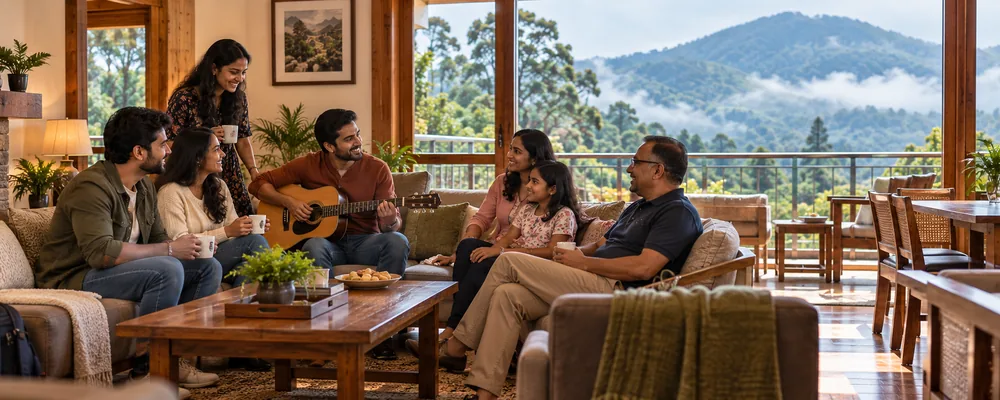Group-friendly hotel lounge at a Kodaikanal property