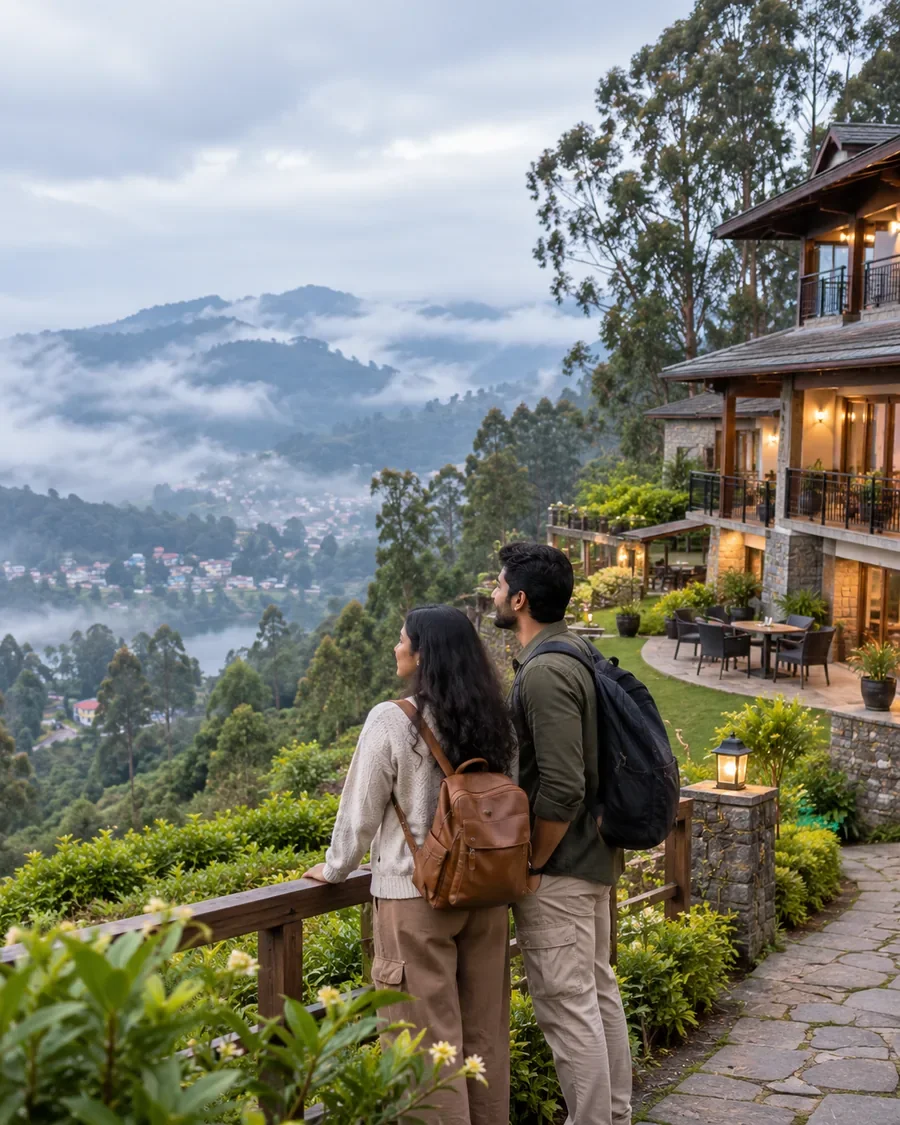 Couple looking out at a hillside hotel and misty valley in Kodaikanal