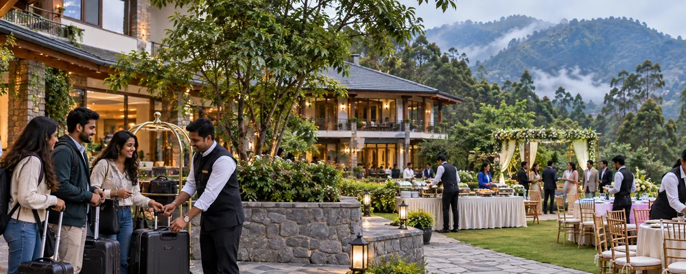 Event staff assisting guests with luggage at a Kodaikanal resort