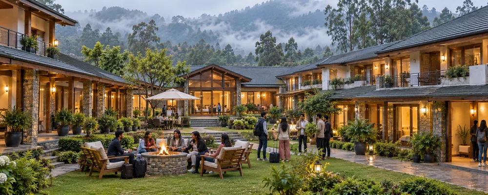 Connected rooms and courtyard at a Kodaikanal resort built for large groups