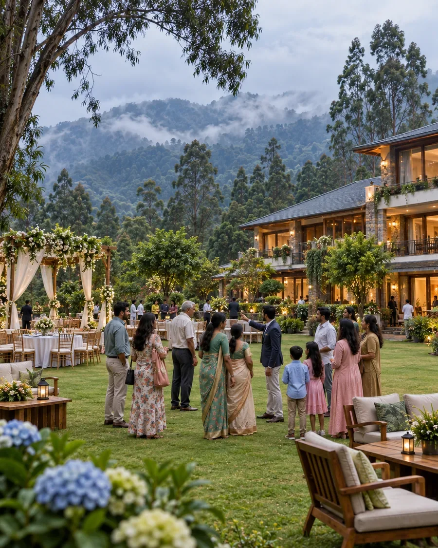 Family gathering on a resort lawn set up for an event in Kodaikanal