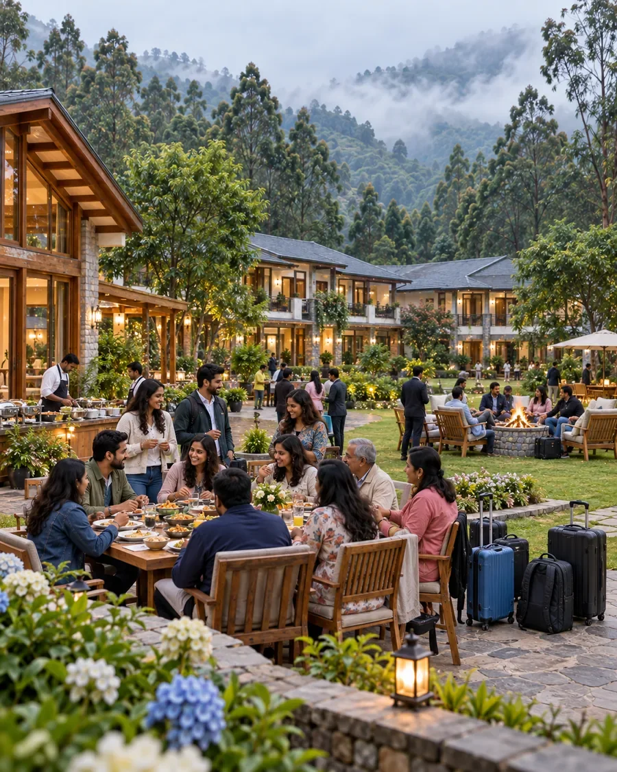 Large group enjoying a dinner together at a Kodaikanal group stay