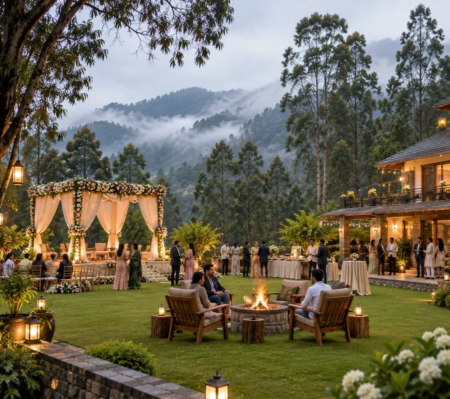 Open lawn event with bonfire seating at a Kodaikanal resort