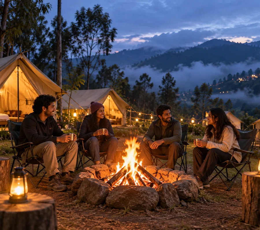 Evening campfire with guests seated around it at a Kodaikanal tent stay