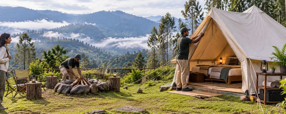 Staff pitching a tent and lighting the campfire at a Kodaikanal tent stay
