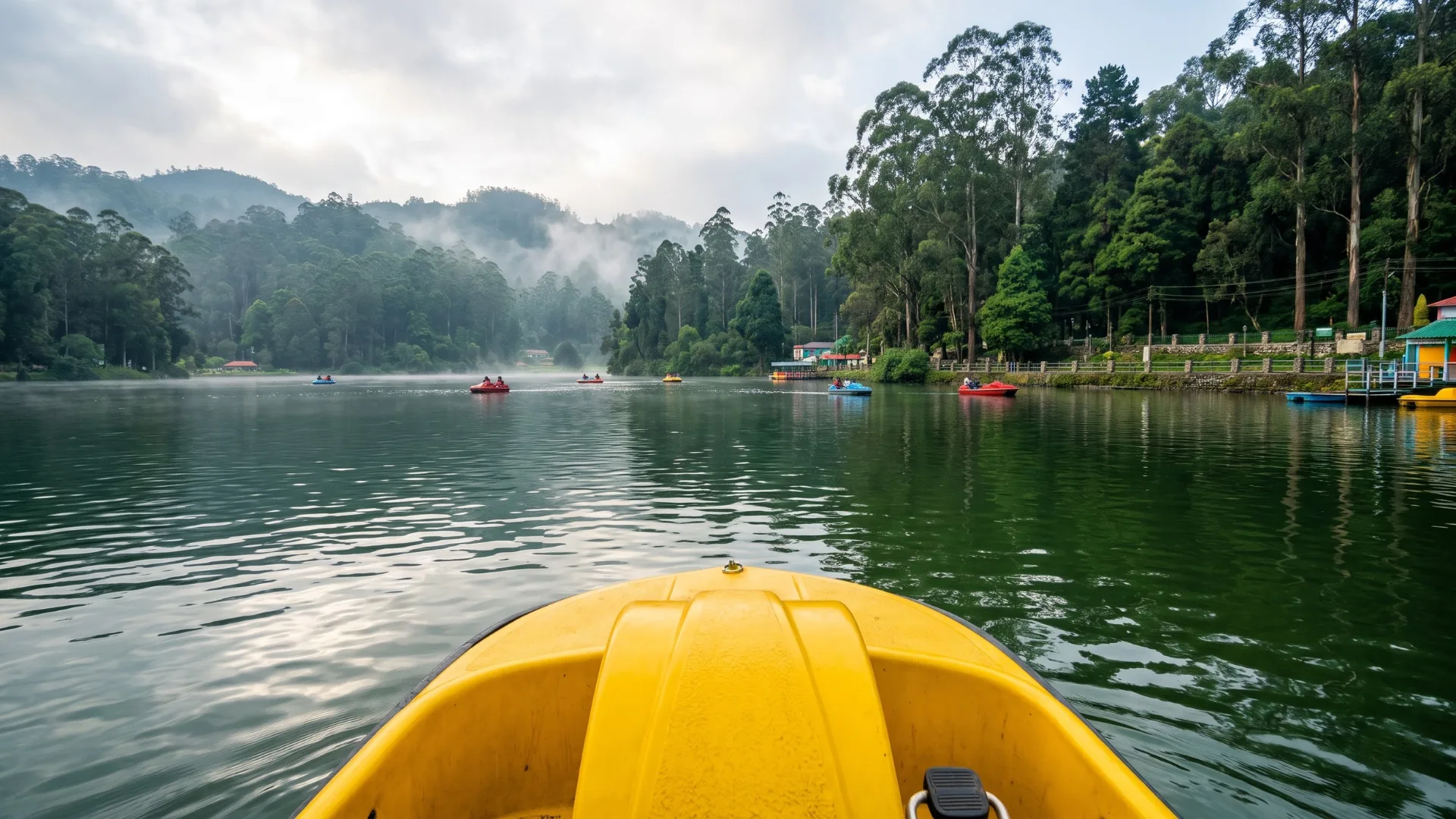 Boat on the calm green waters of Berijam Lake surrounded by forested hills