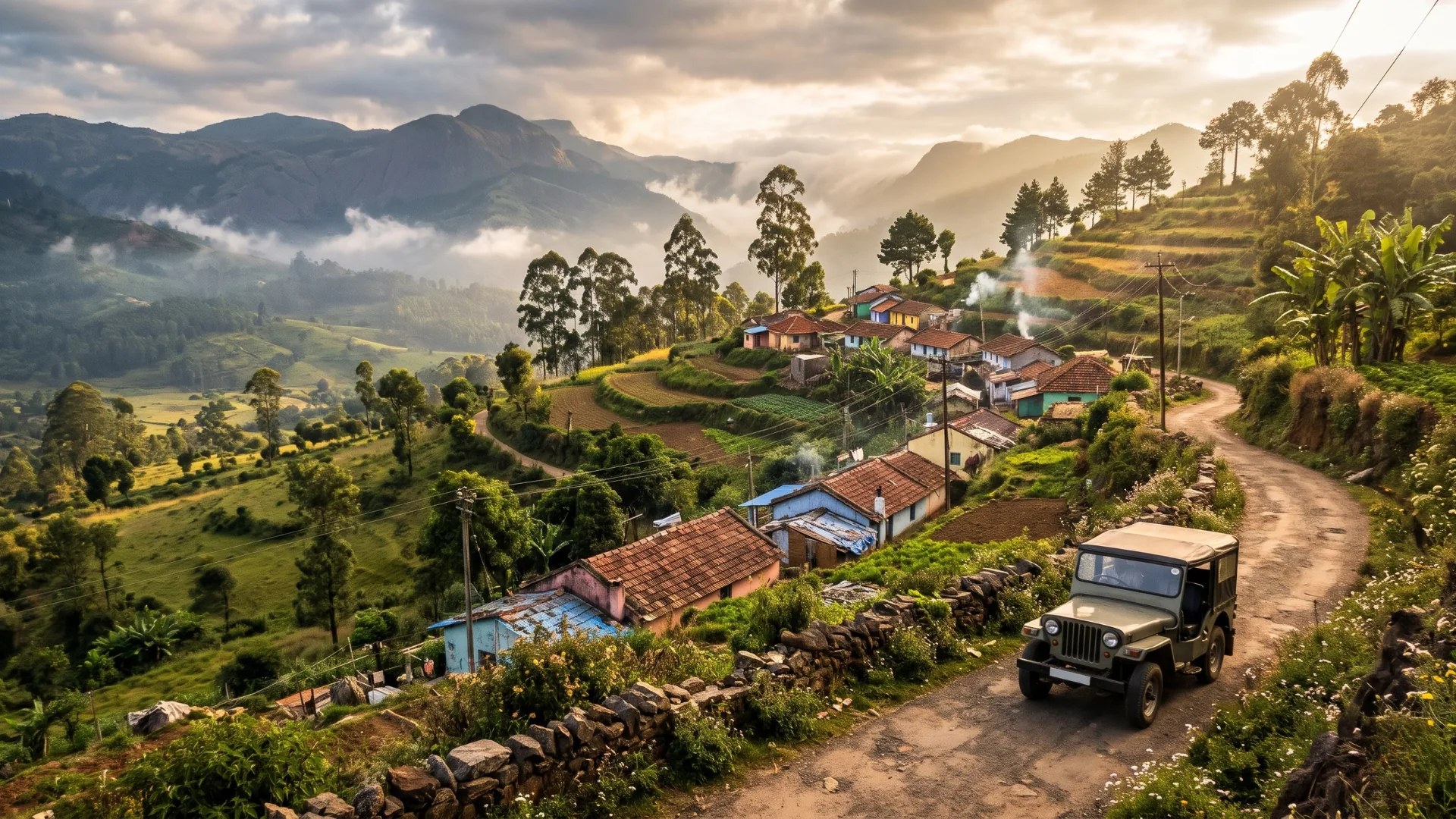 Jeep on a country road above a hill village in Kodaikanal